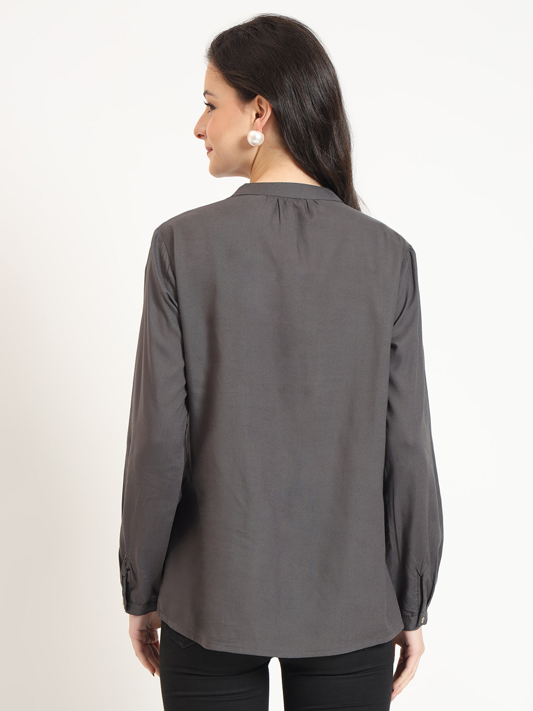 Grey Solid Print Rayon Fabric Straight Top