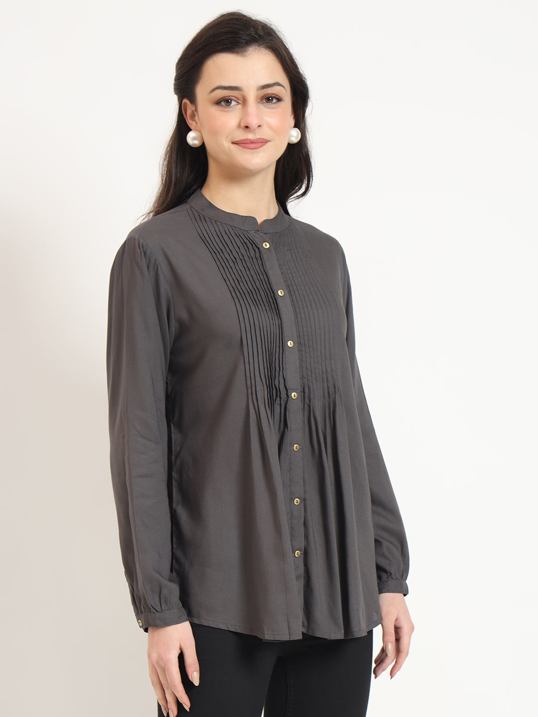 Grey Solid Print Rayon Fabric Straight Top