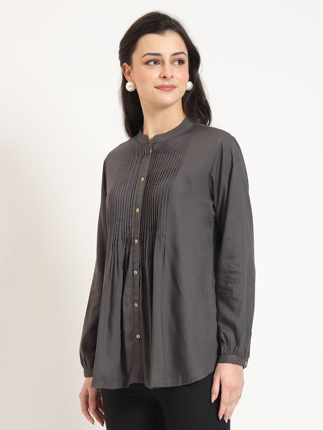 Grey Solid Print Rayon Fabric Straight Top