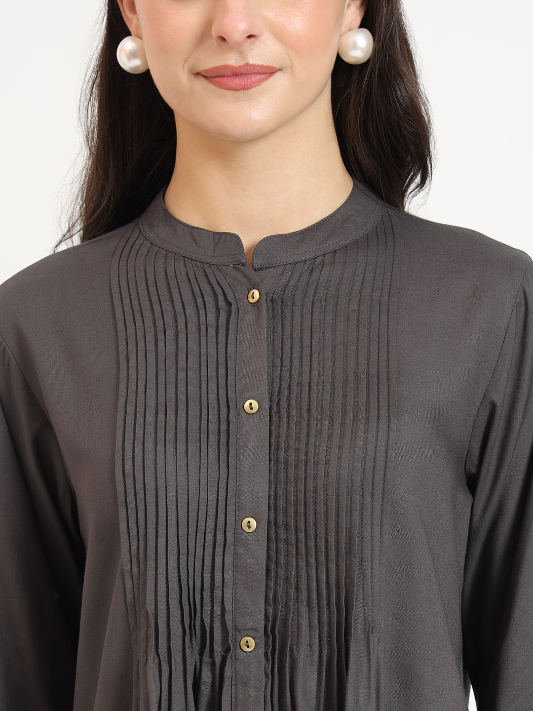 Grey Solid Print Rayon Fabric Straight Top