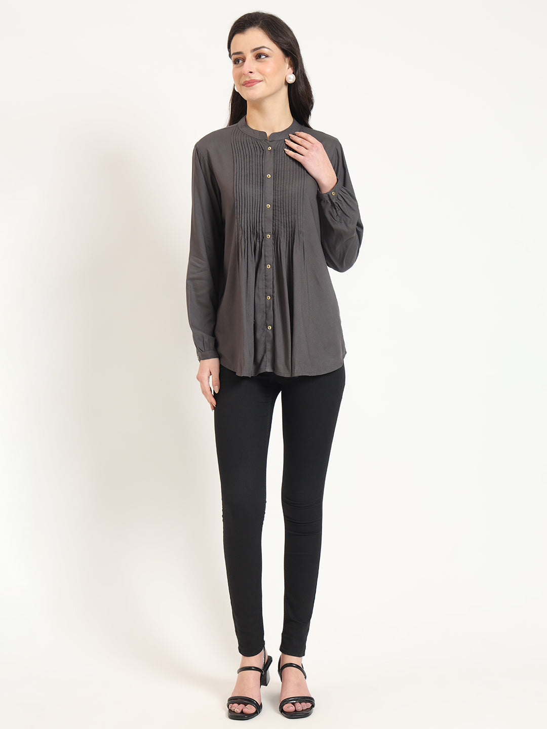 Grey Solid Print Rayon Fabric Straight Top