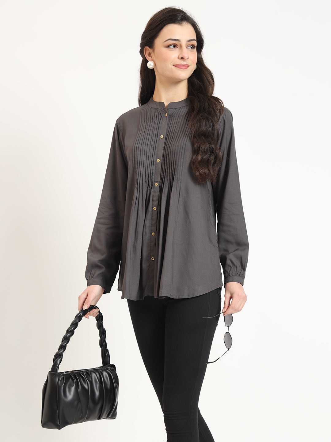 Grey Solid Print Rayon Fabric Straight Top