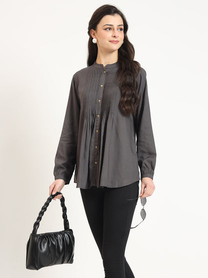 Grey Solid Print Rayon Fabric Straight Top