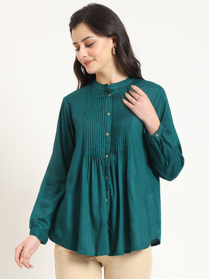 Turquoise Solid Print Rayon Fabric Straight Top