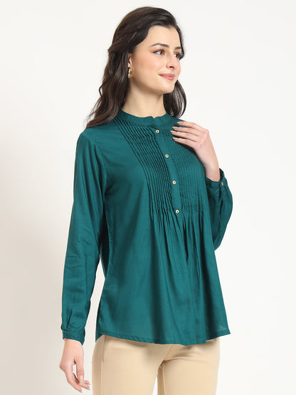 Turquoise Solid Print Rayon Fabric Straight Top