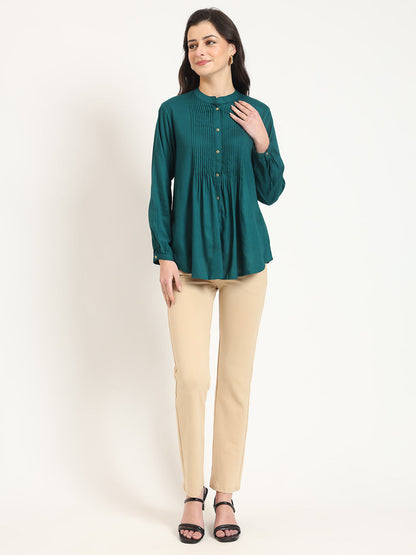 Turquoise Solid Print Rayon Fabric Straight Top