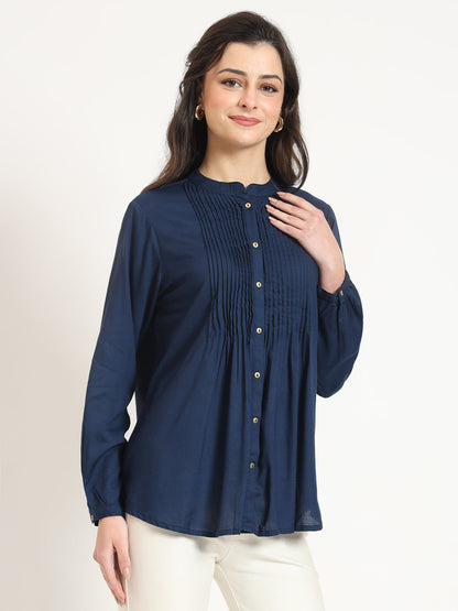 Navy Blue Solid Print Rayon Fabric Straight Top