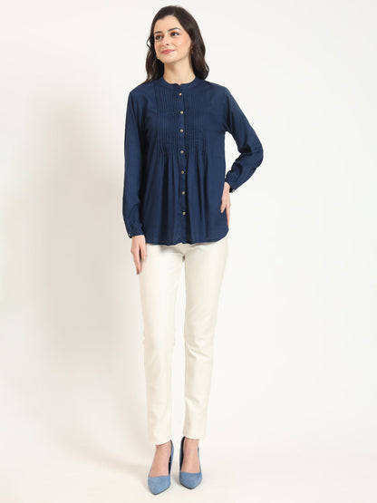 Navy Blue Solid Print Rayon Fabric Straight Top