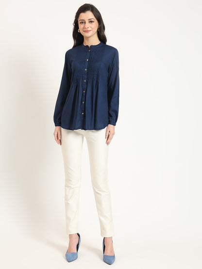 Navy Blue Solid Print Rayon Fabric Straight Top