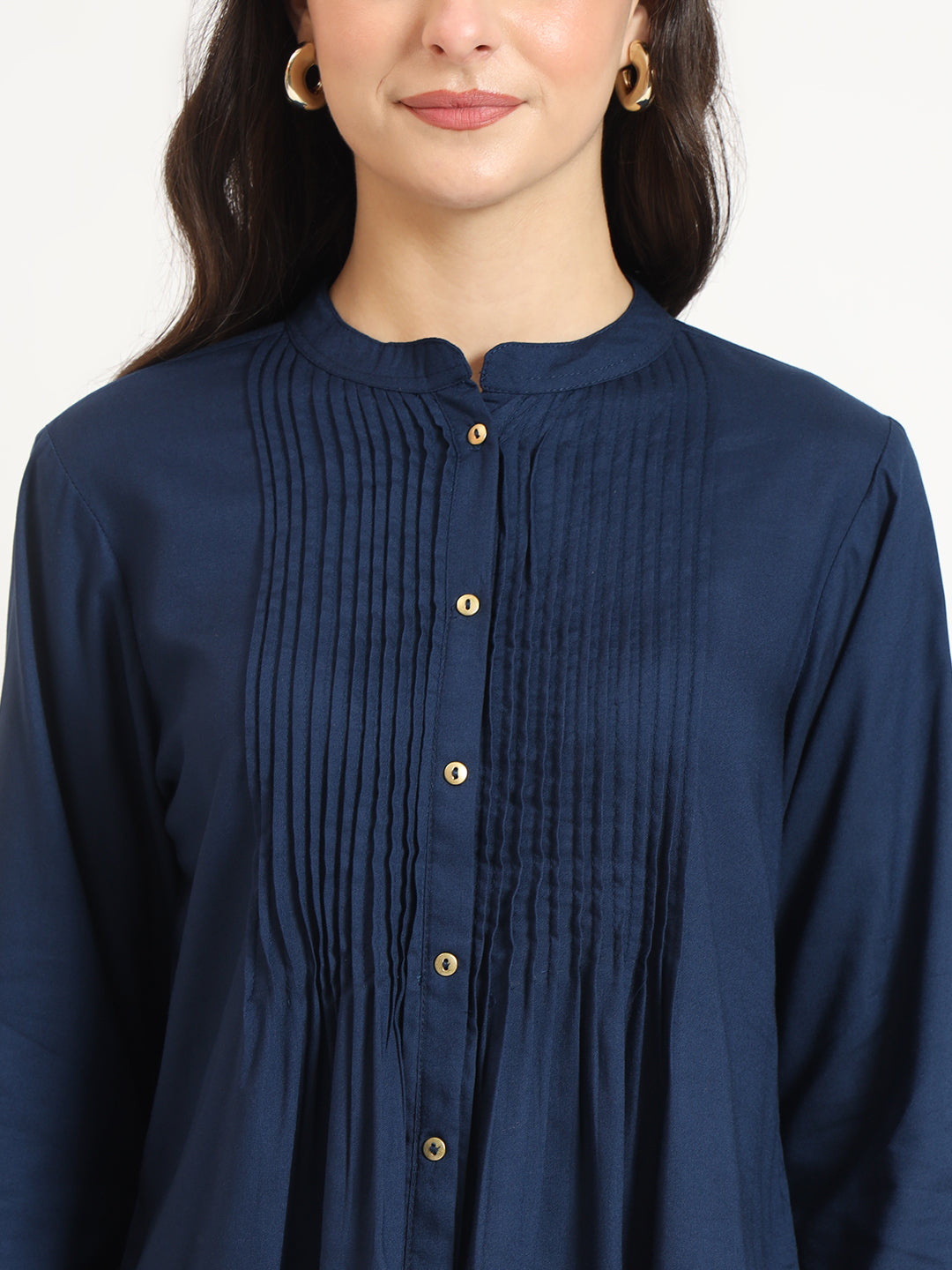 Navy Blue Solid Print Rayon Fabric Straight Top