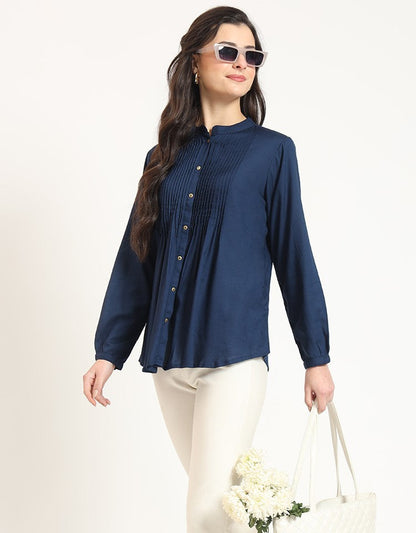 Navy Blue Solid Print Rayon Fabric Straight Top