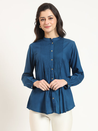 Blue Solid Print Rayon Fabric Straight Top