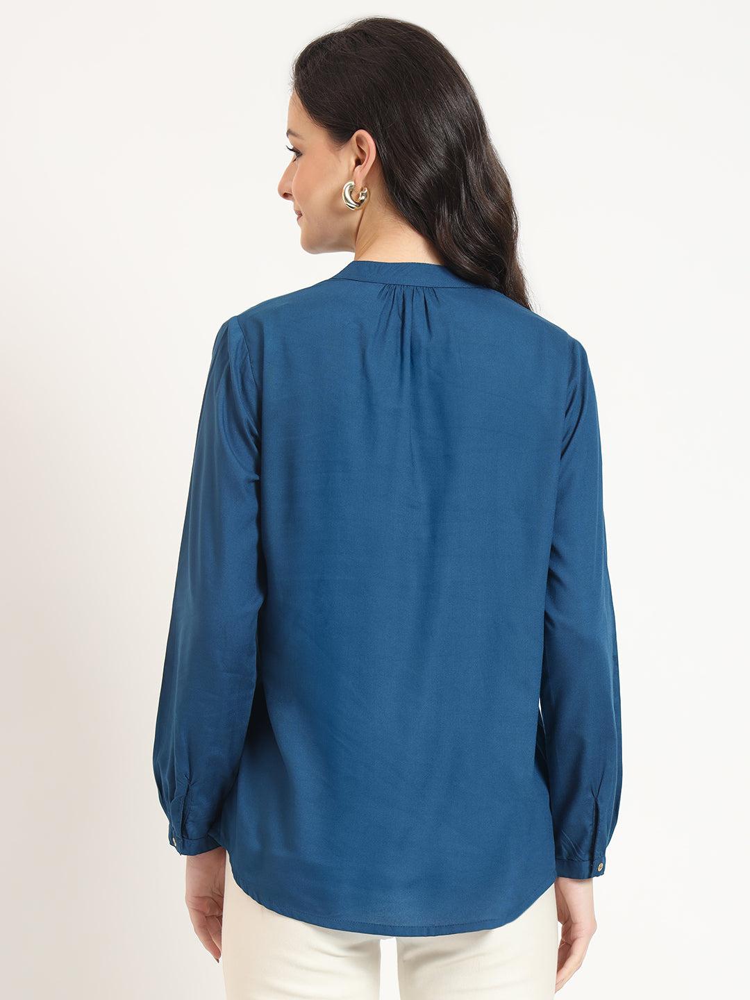 Blue Solid Print Rayon Fabric Straight Top