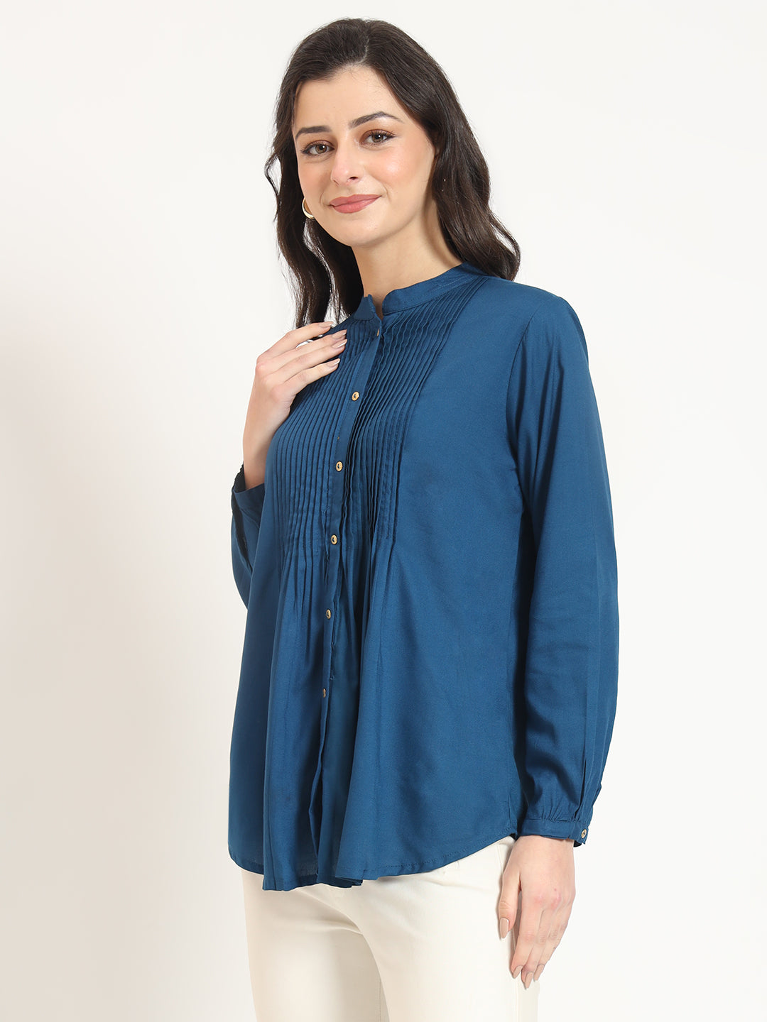 Blue Solid Print Rayon Fabric Straight Top
