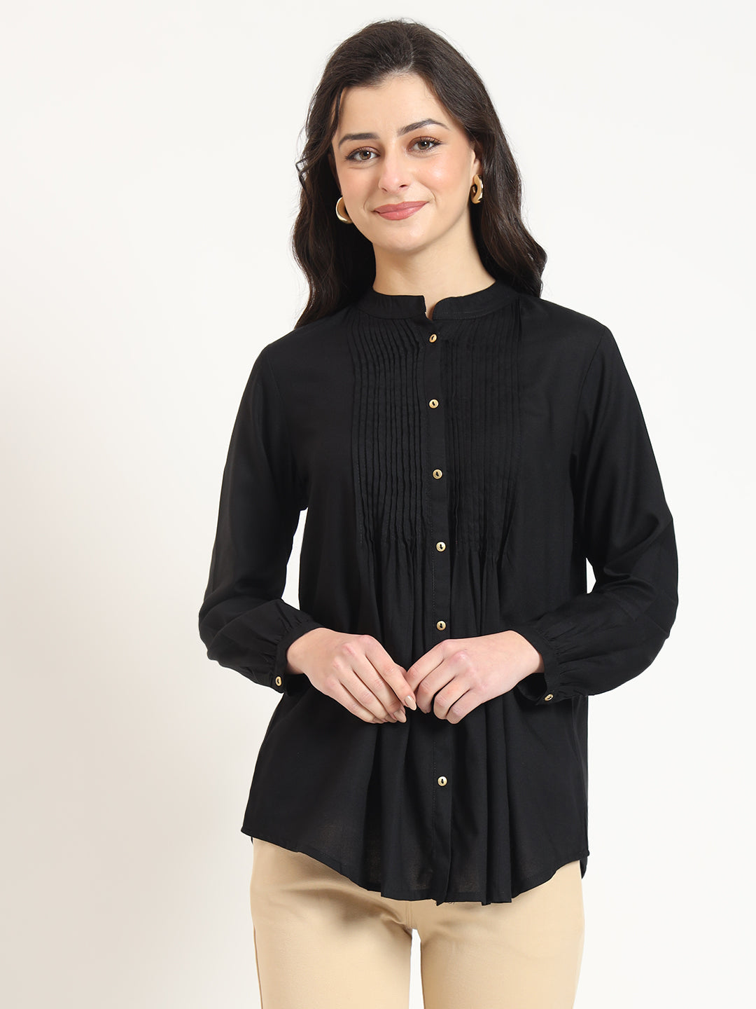 Black Solid Print Rayon Fabric Straight Top