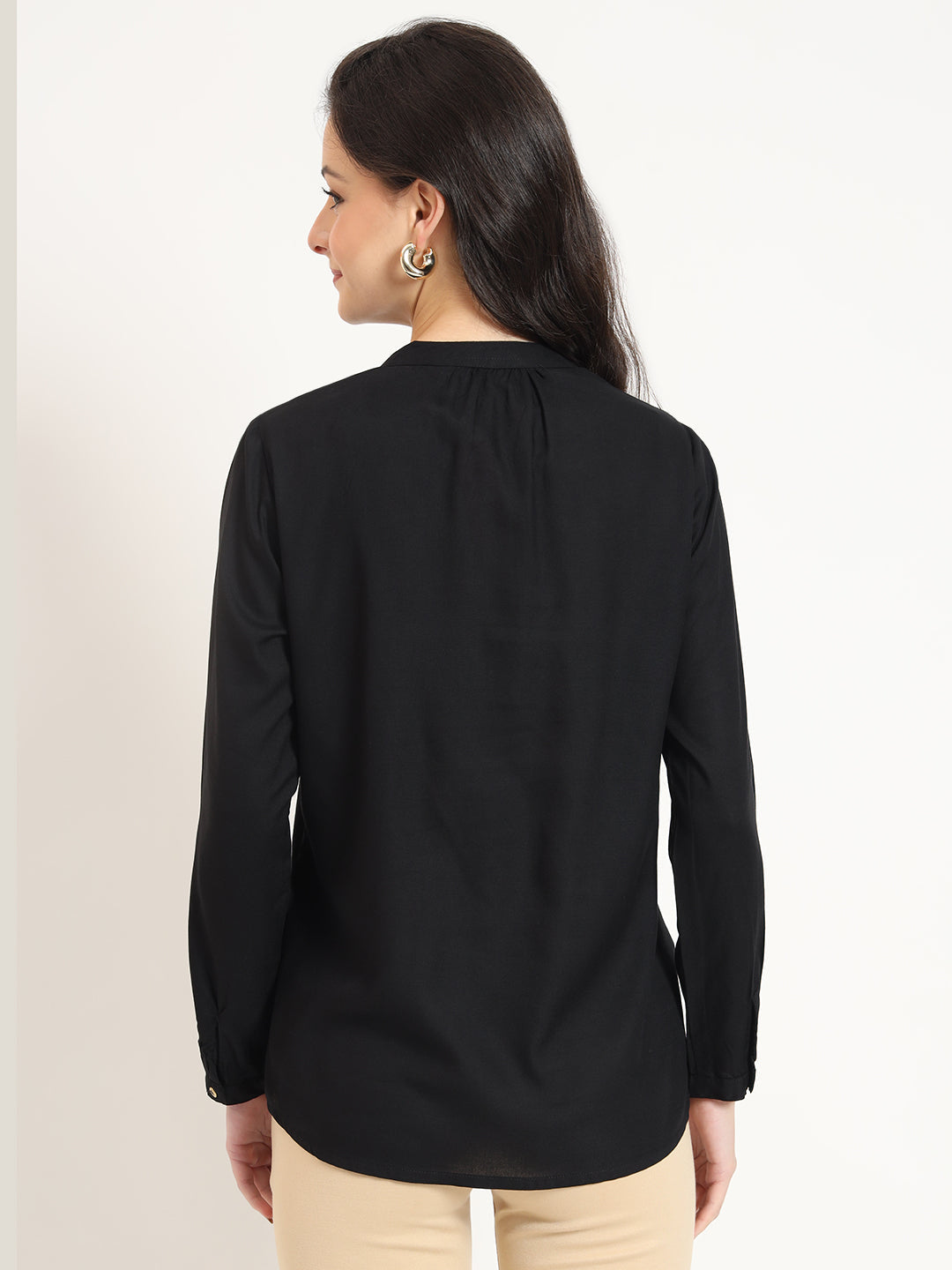 Black Solid Print Rayon Fabric Straight Top