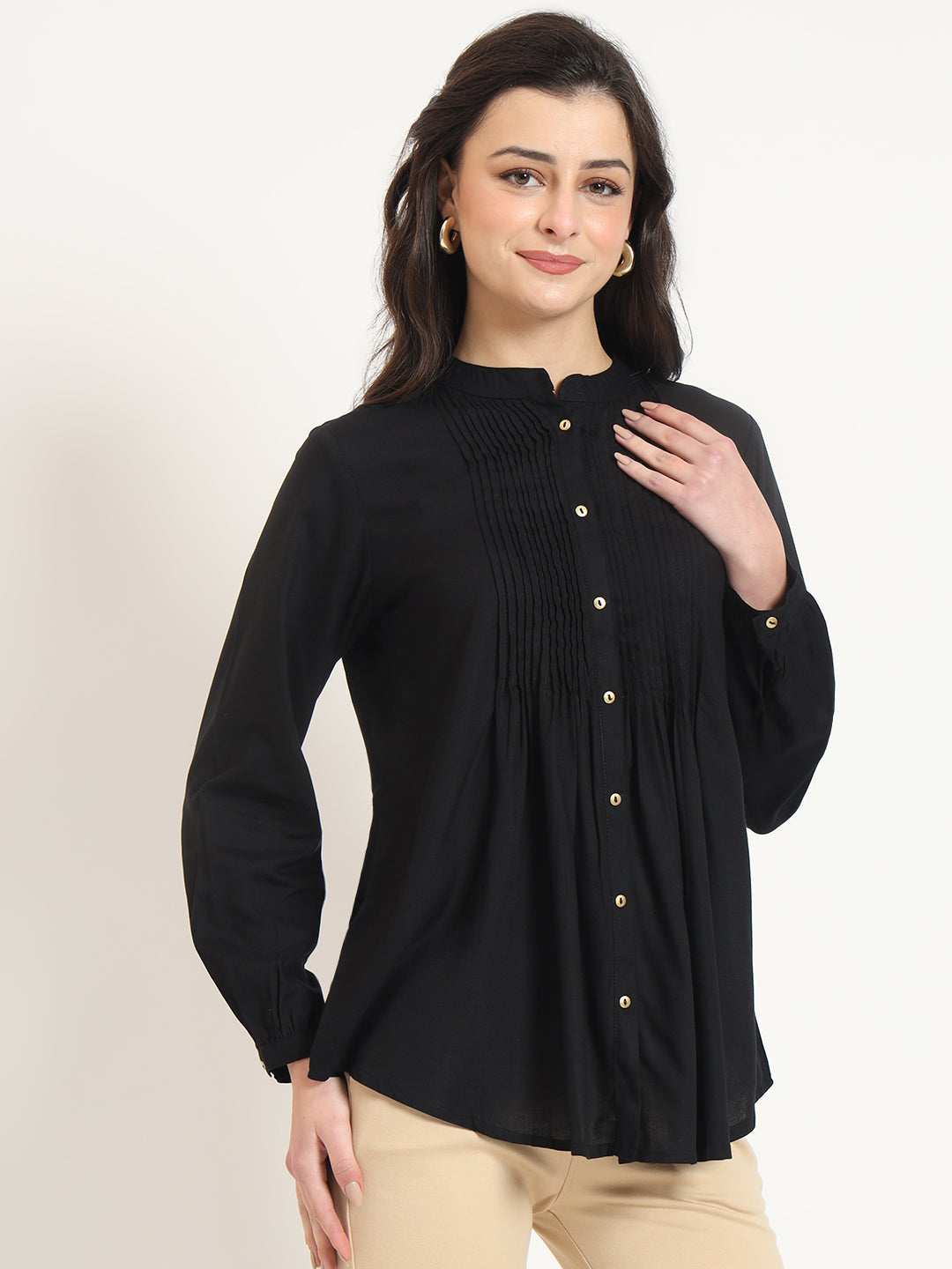 Black Solid Print Rayon Fabric Straight Top