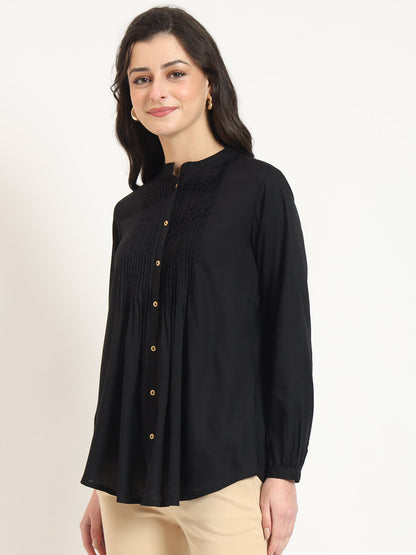 Black Solid Print Rayon Fabric Straight Top