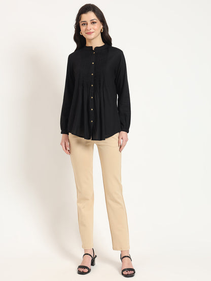 Black Solid Print Rayon Fabric Straight Top