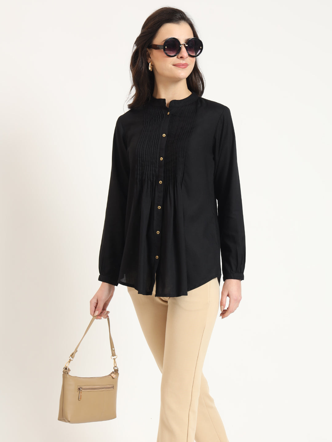 Black Solid Print Rayon Fabric Straight Top