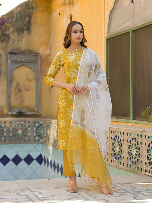 Mustard Floral Print Cotton Straight fit Kurta Pant with Dupatta