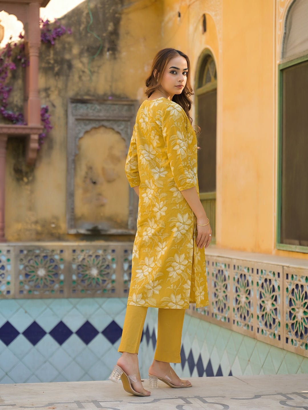 Mustard Floral Print Cotton Straight fit Kurta Pant with Dupatta