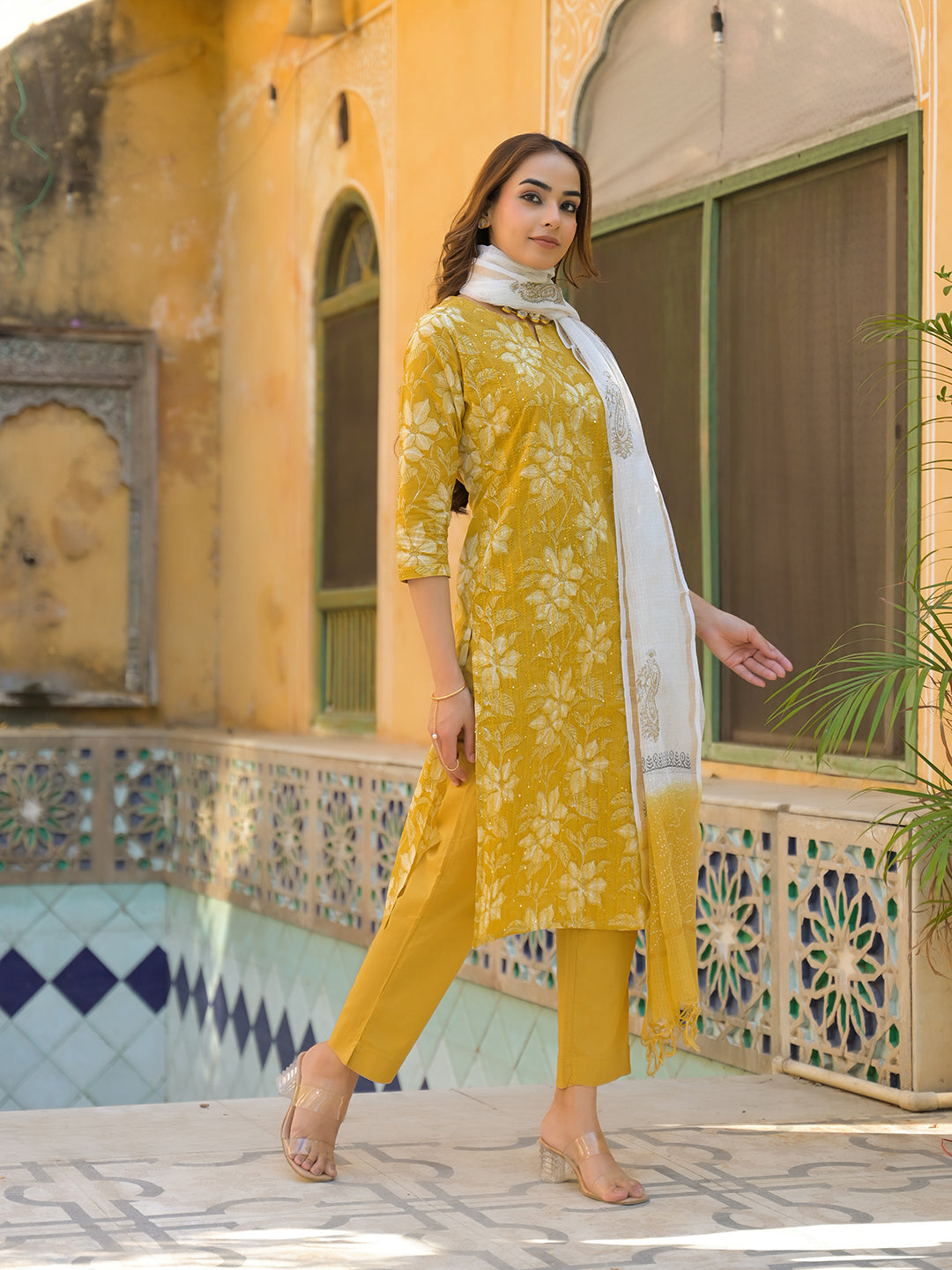 Mustard Floral Print Cotton Straight fit Kurta Pant with Dupatta