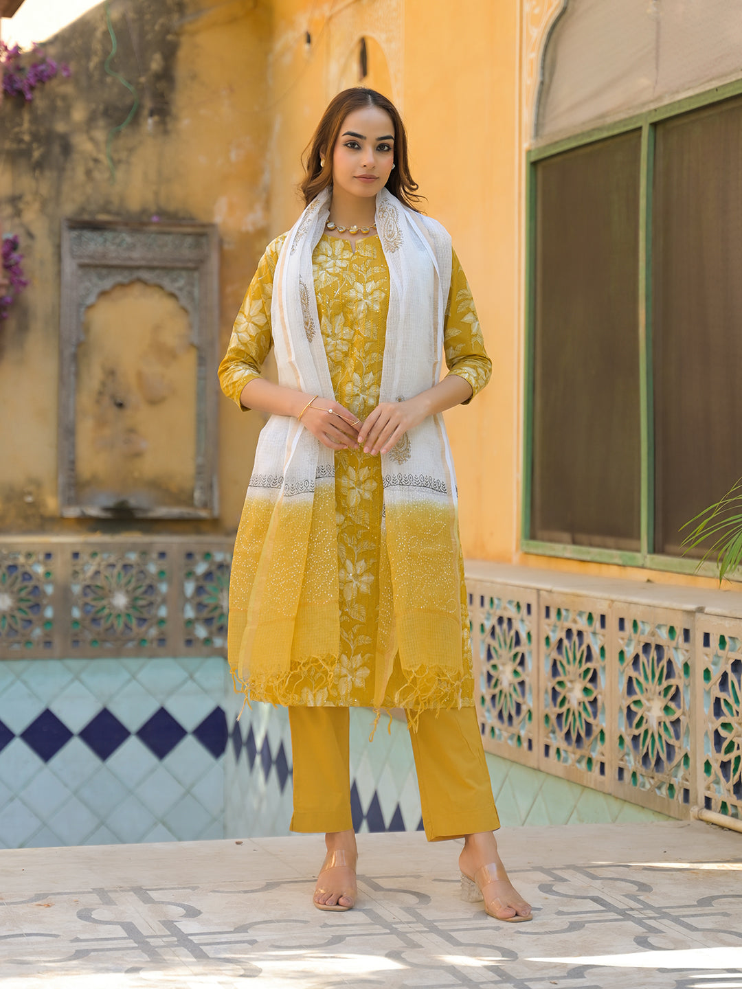 Mustard Floral Print Cotton Straight fit Kurta Pant with Dupatta