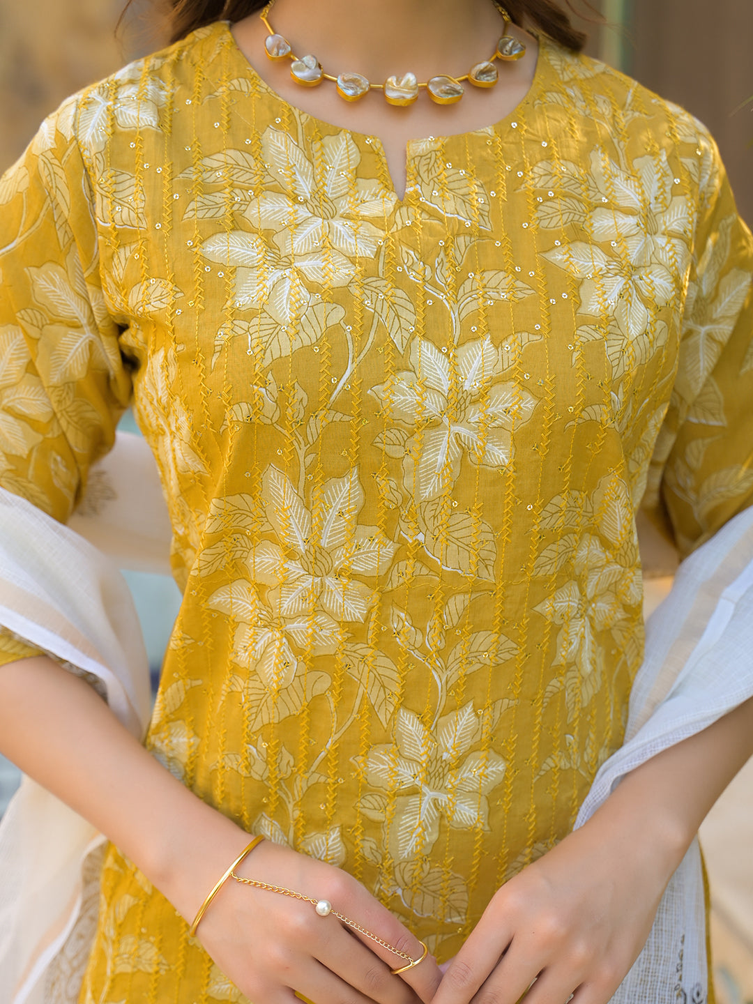 Mustard Floral Print Cotton Straight fit Kurta Pant with Dupatta