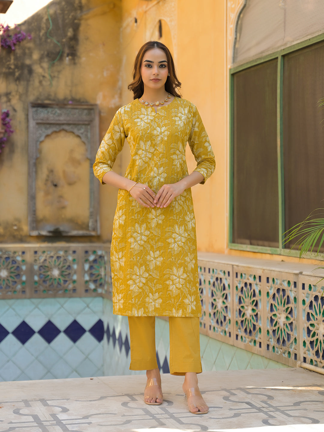 Mustard Floral Print Cotton Straight fit Kurta Pant with Dupatta
