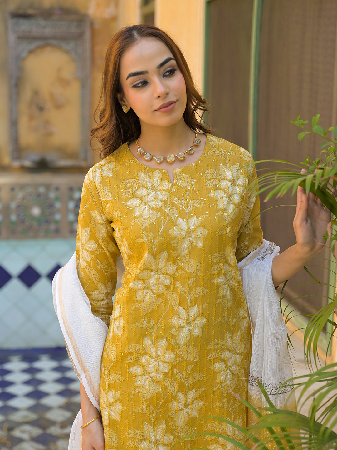 Mustard Floral Print Cotton Straight fit Kurta Pant with Dupatta