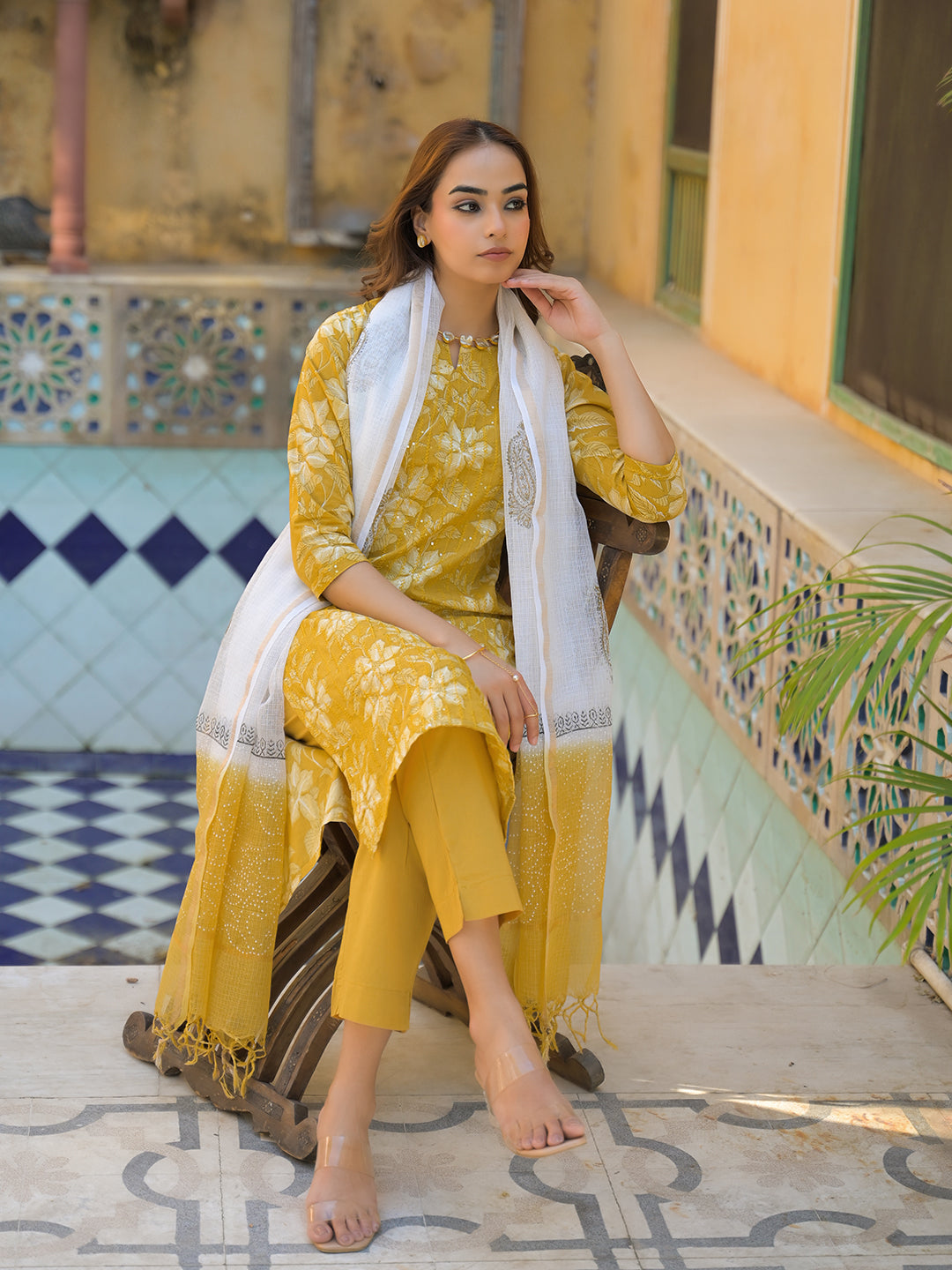 Mustard Floral Print Cotton Straight fit Kurta Pant with Dupatta