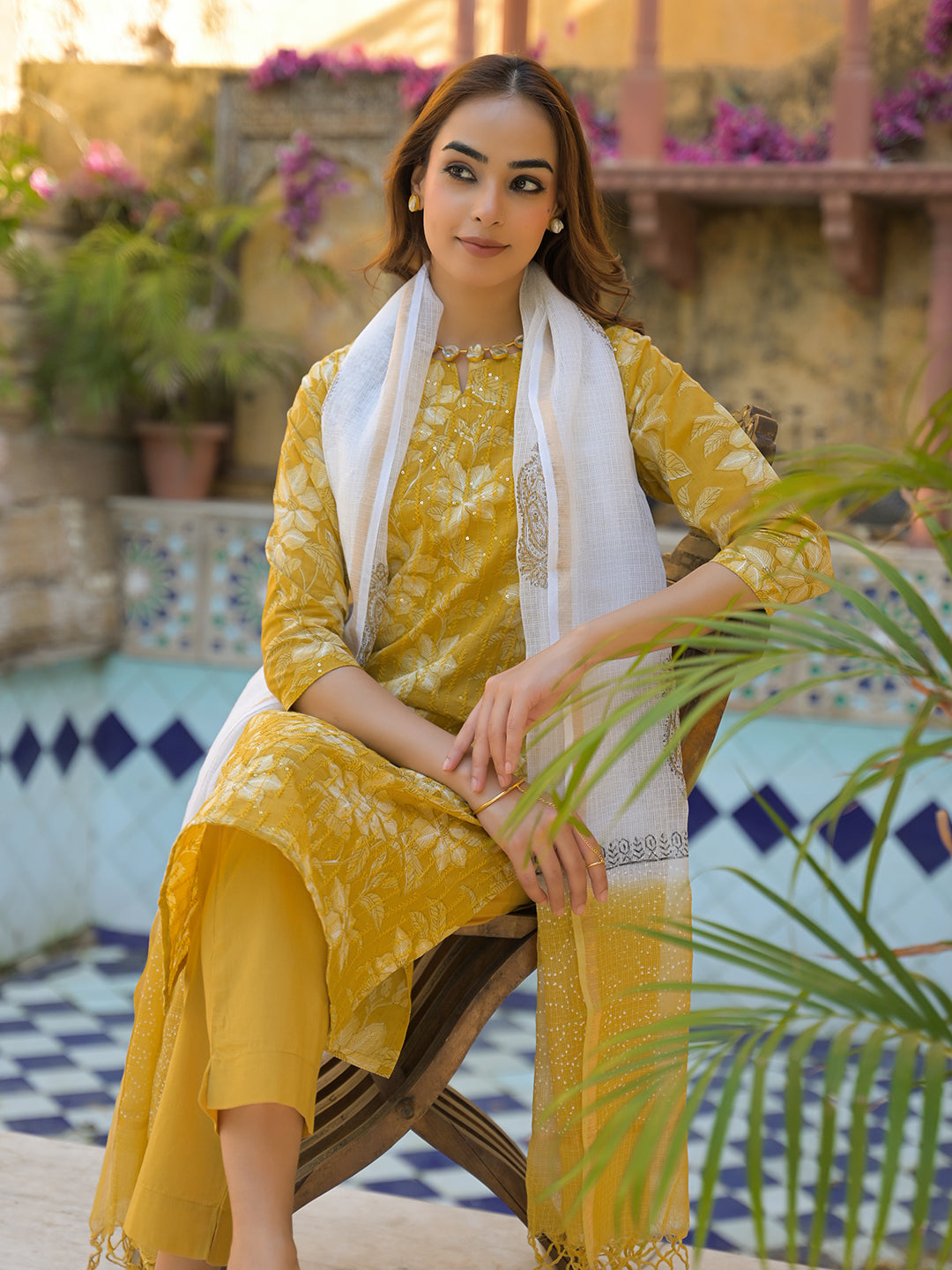 Mustard Floral Print Cotton Straight fit Kurta Pant with Dupatta
