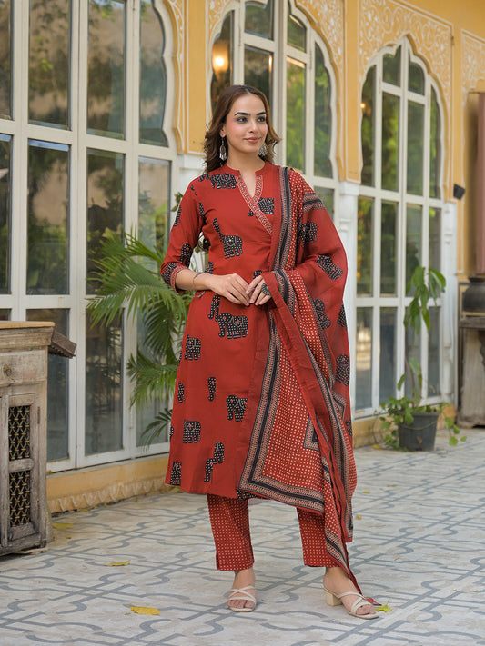 Red Animal Print Cotton A-Line Kurta Pant with Dupatta