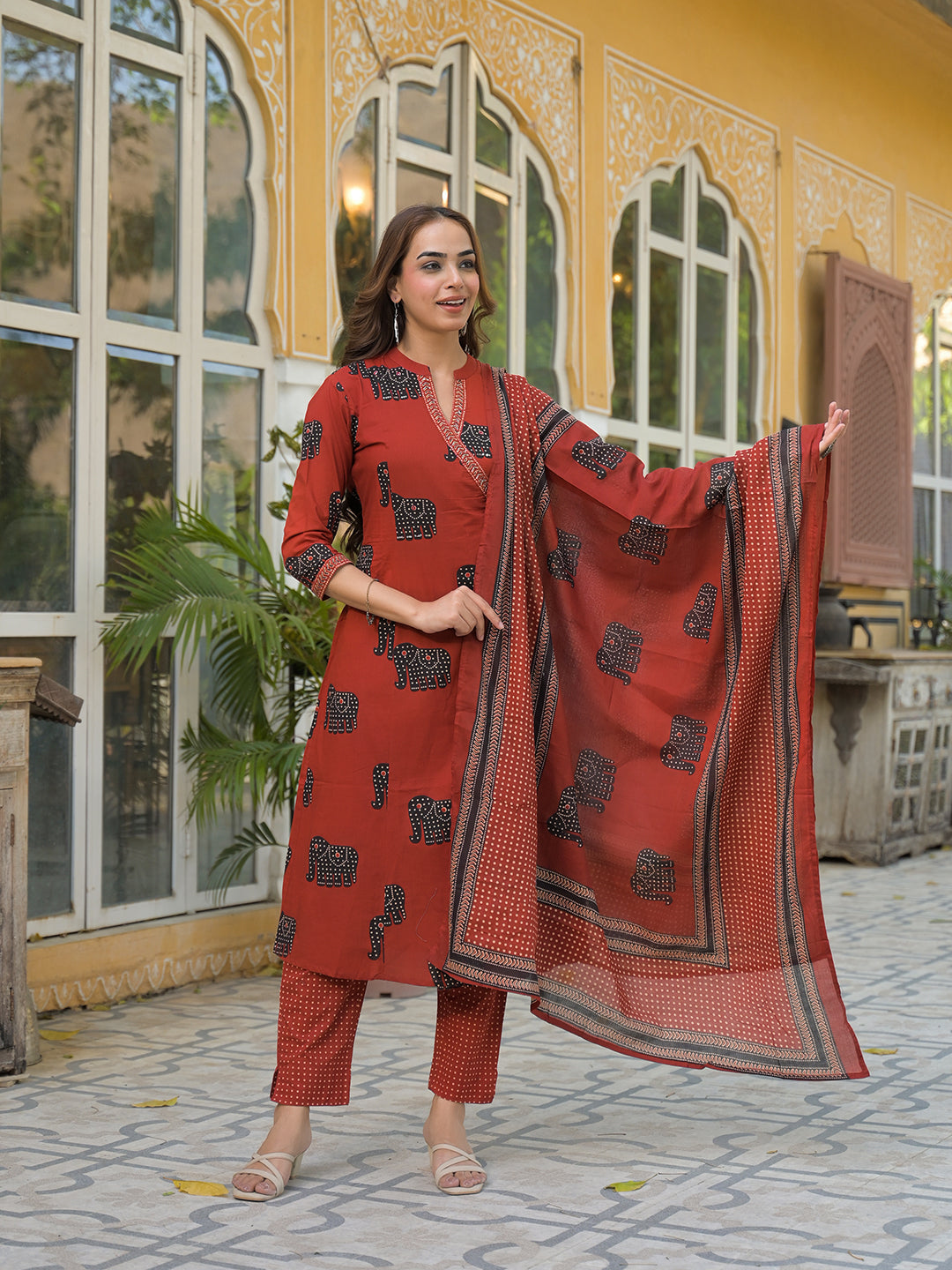Red Animal Print Cotton A-Line Kurta Pant with Dupatta