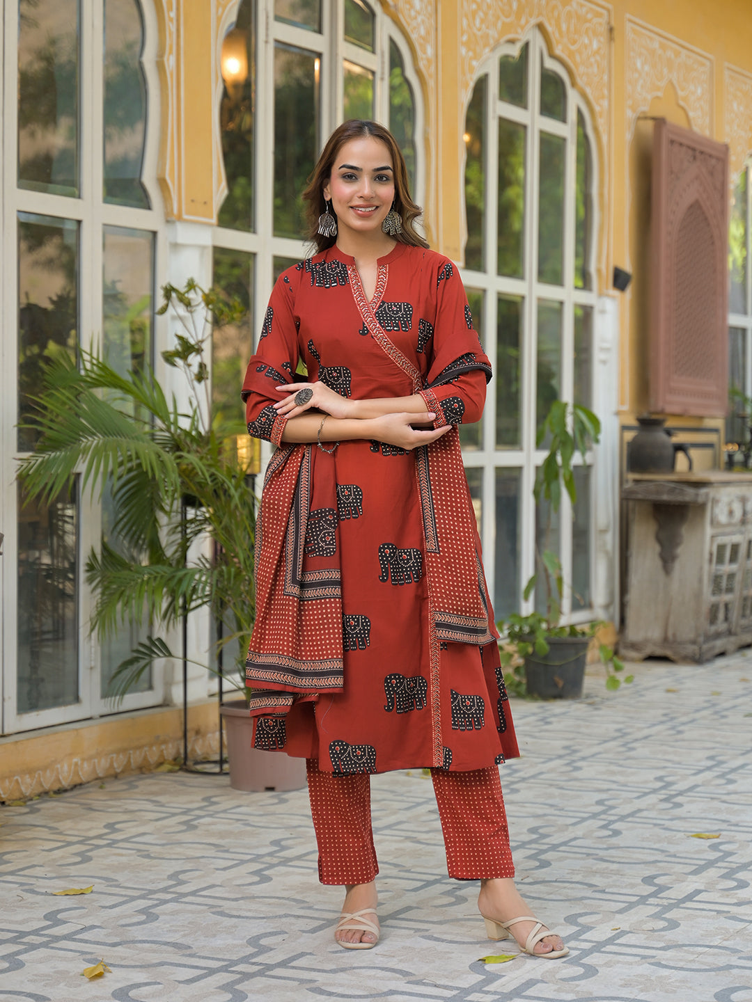 Red Animal Print Cotton A-Line Kurta Pant with Dupatta