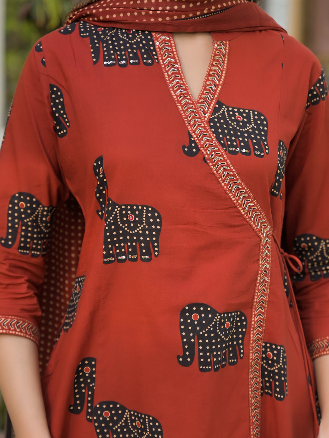 Red Animal Print Cotton A-Line Kurta Pant with Dupatta