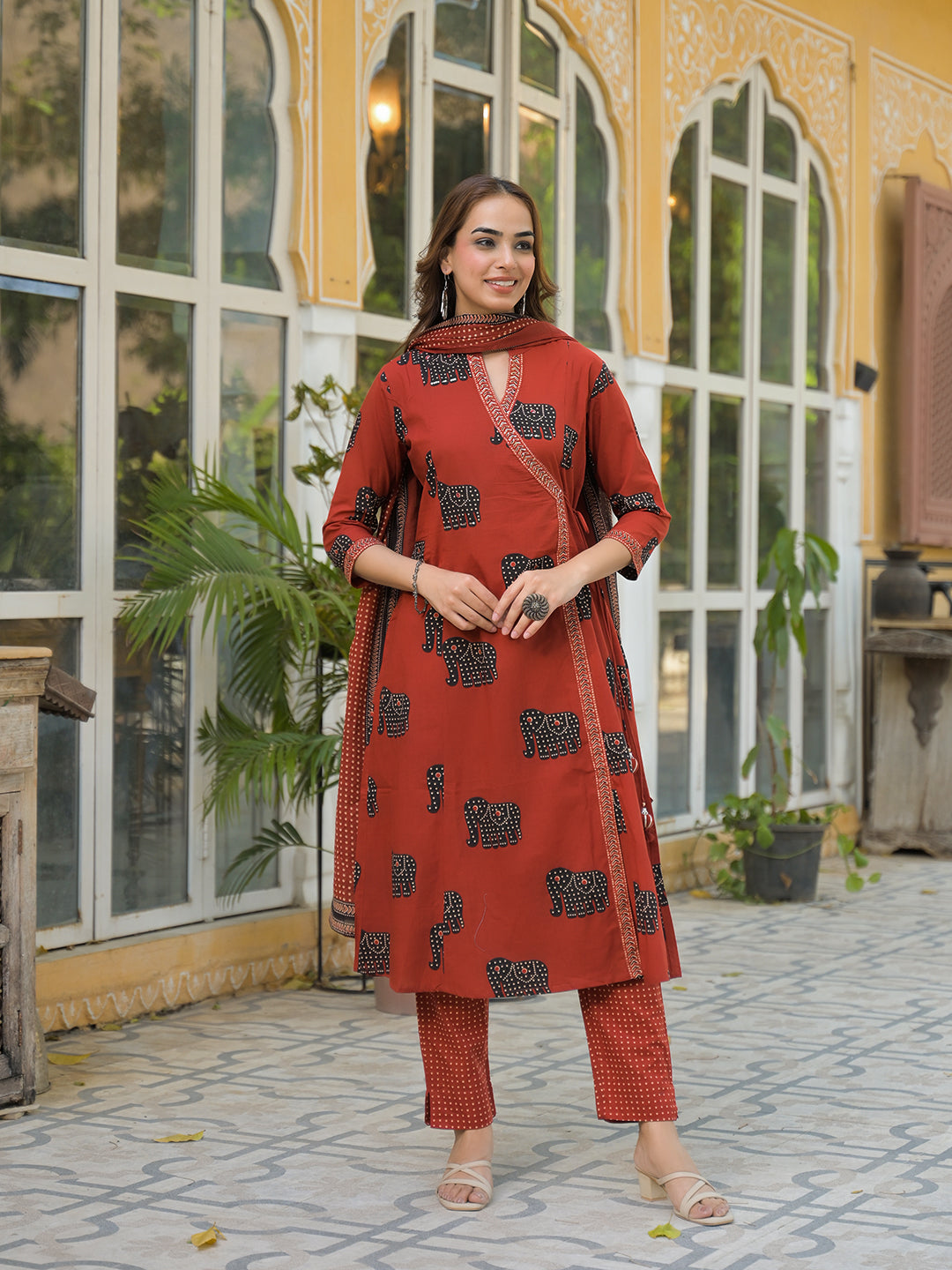 Red Animal Print Cotton A-Line Kurta Pant with Dupatta