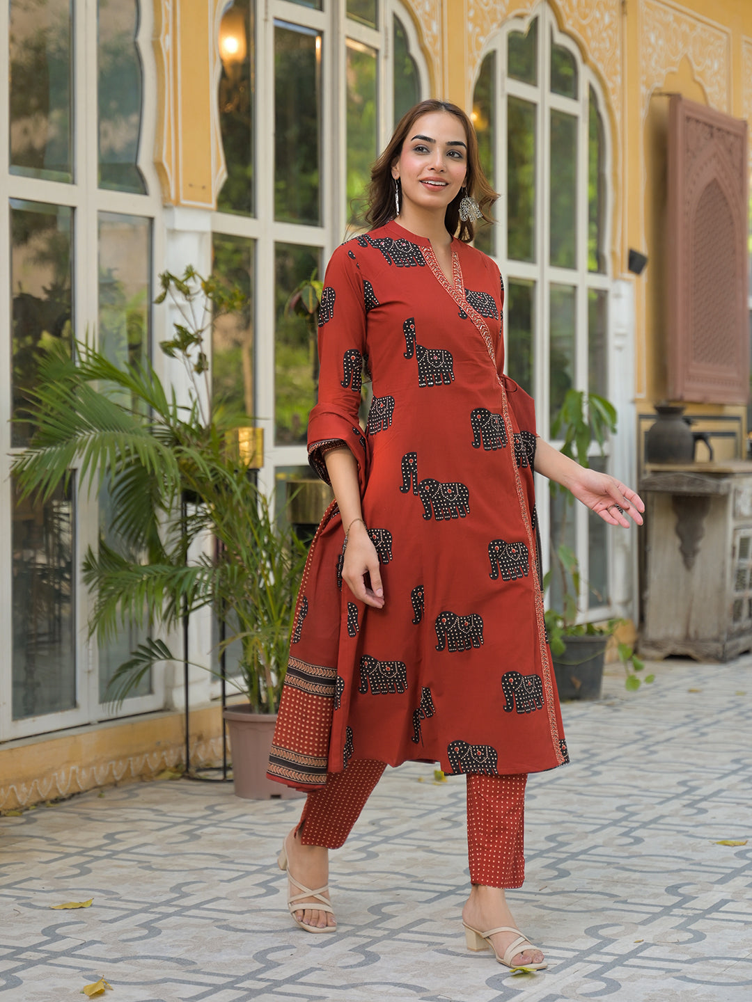 Red Animal Print Cotton A-Line Kurta Pant with Dupatta