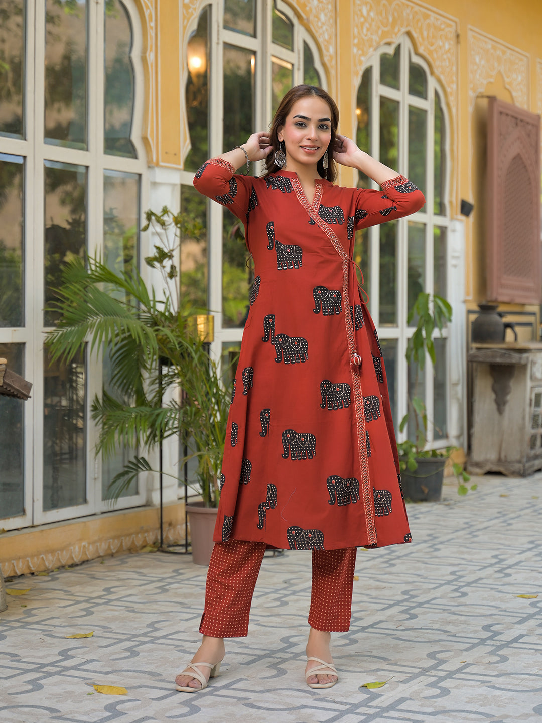 Red Animal Print Cotton A-Line Kurta Pant with Dupatta