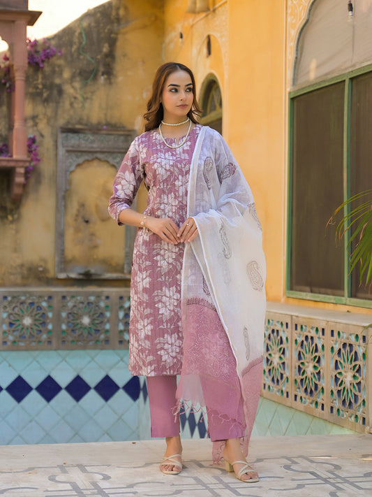 Peach Floral Print Cotton Straight Kurta Pant with Dupatta