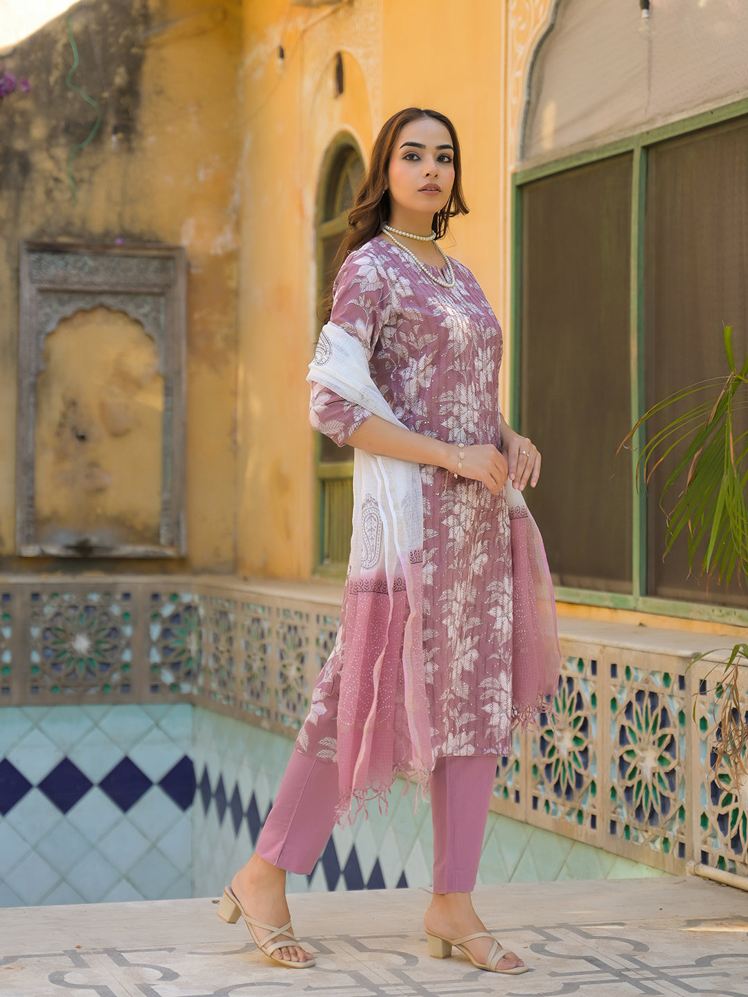 Peach Floral Print Cotton Straight Kurta Pant with Dupatta