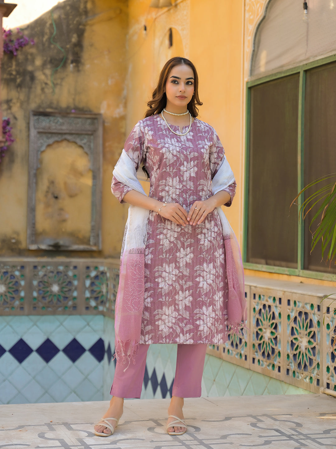 Peach Floral Print Cotton Straight Kurta Pant with Dupatta