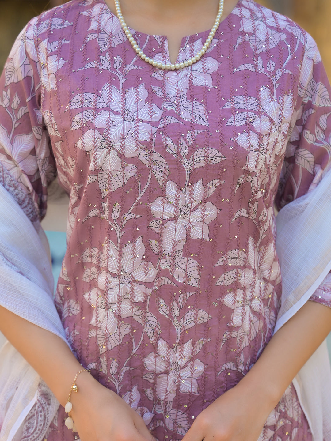 Peach Floral Print Cotton Straight Kurta Pant with Dupatta