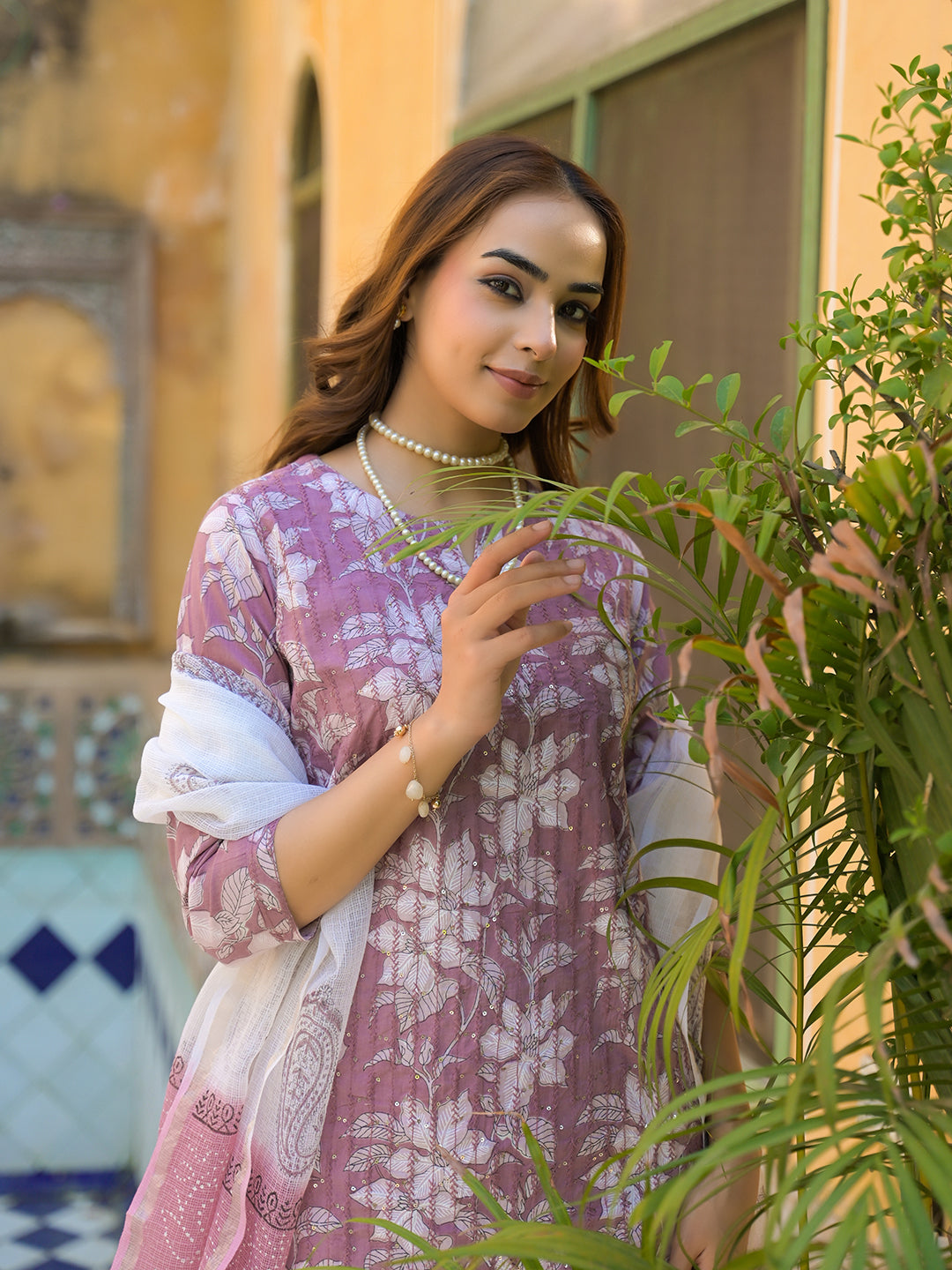 Peach Floral Print Cotton Straight Kurta Pant with Dupatta