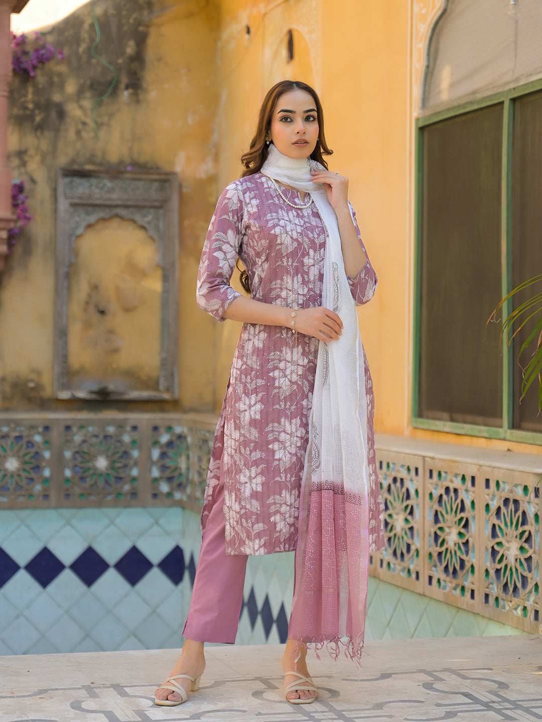 Peach Floral Print Cotton Straight Kurta Pant with Dupatta