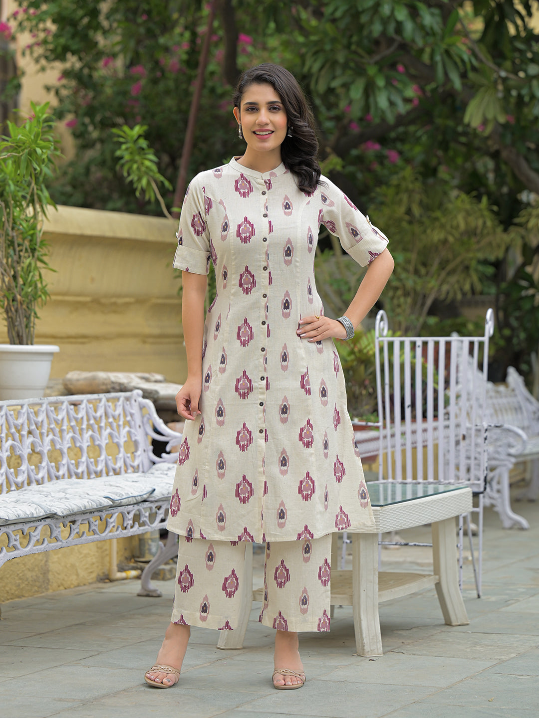 Off White Cotton Printed Kurta Pant Set