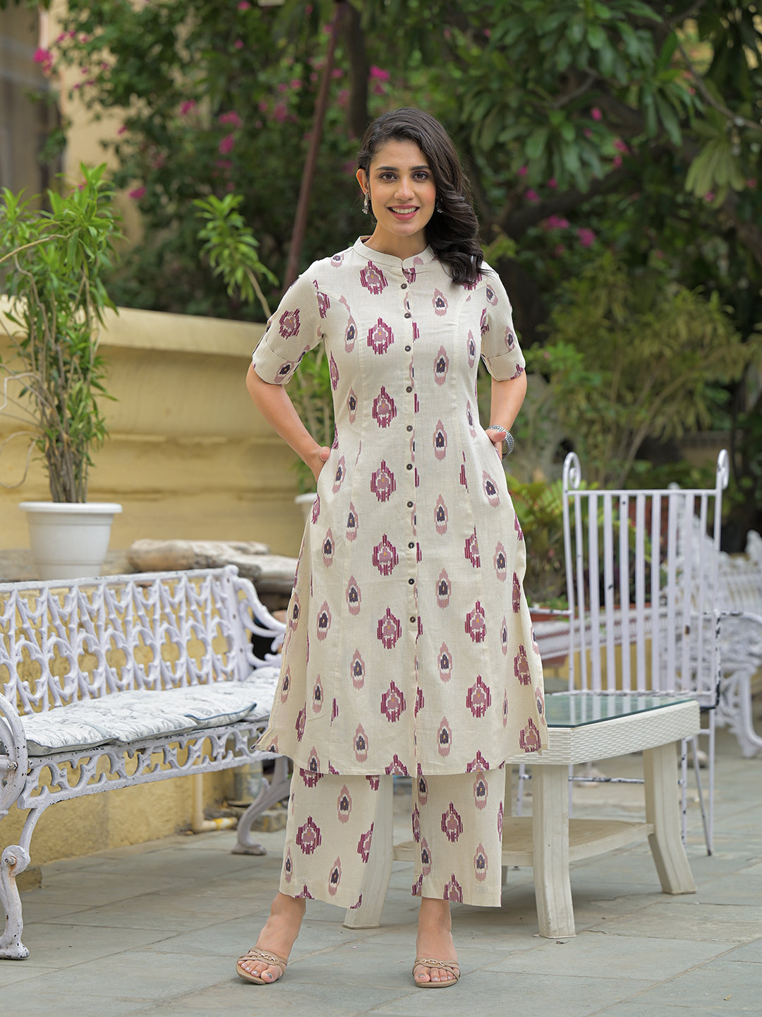 Off White Cotton Printed Kurta Pant Set