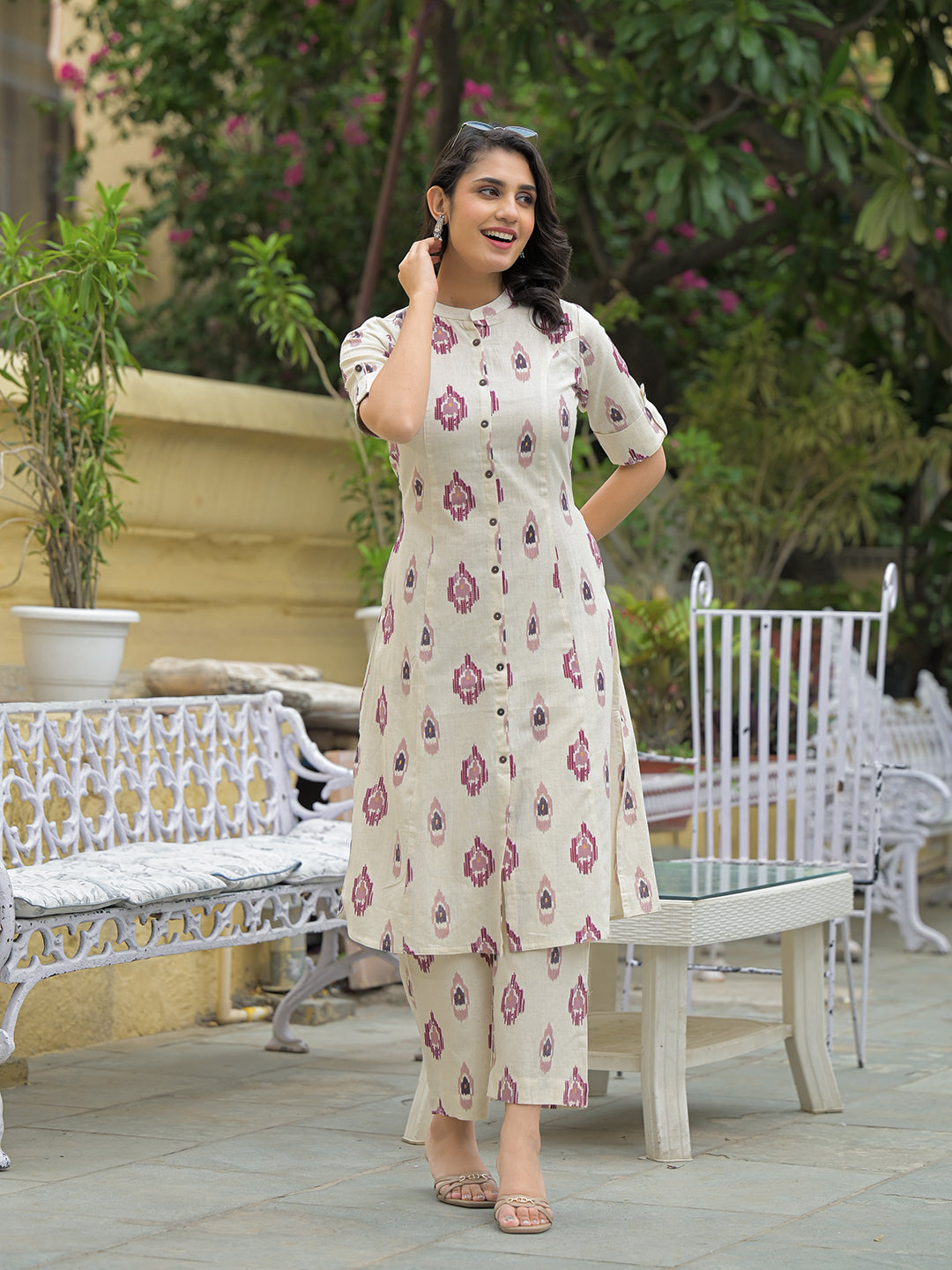 Off White Cotton Printed Kurta Pant Set