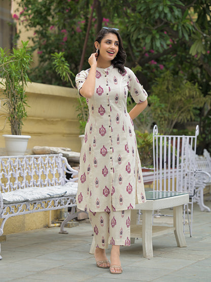 Off White Cotton Printed Kurta Pant Set